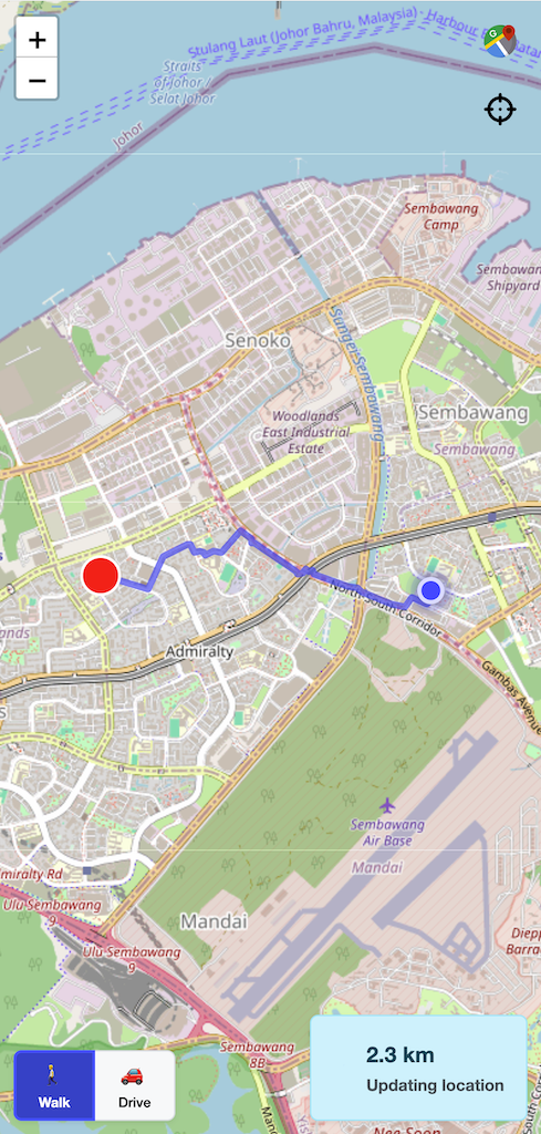 Routing panel showing travel mode options and a plotted route on the map